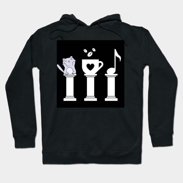 The three pillars of happiness; Cats, Coffee, and music, on white pillars. Hoodie by Rosettemusicandguitar